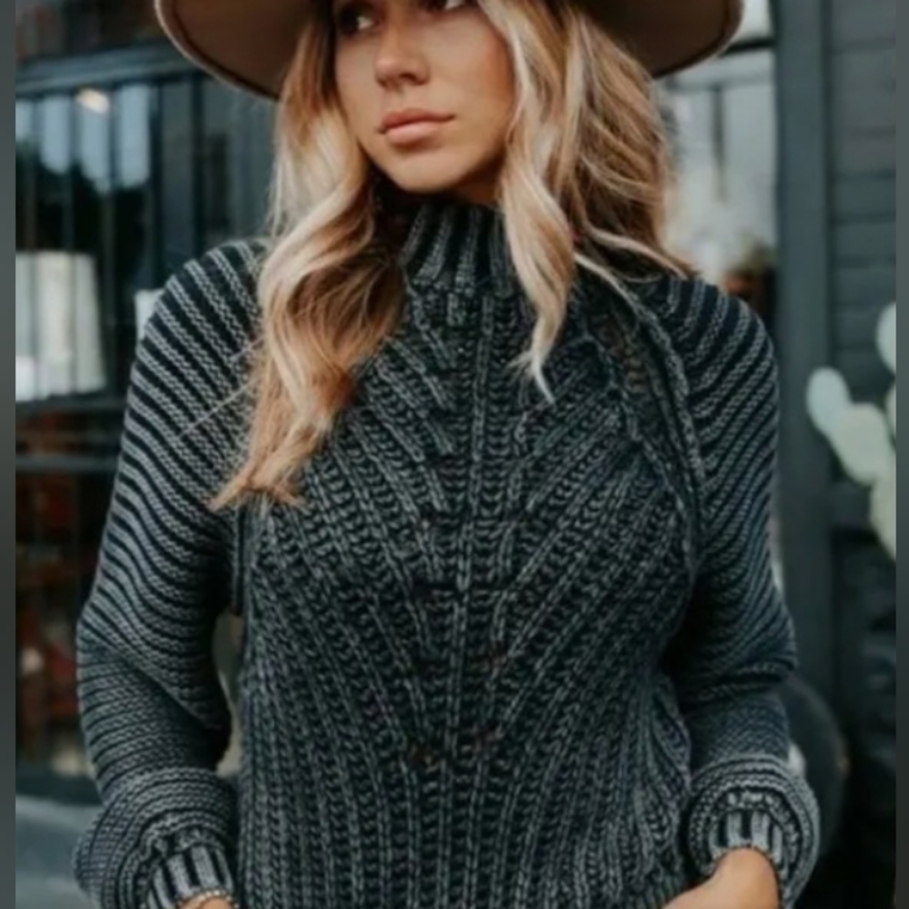 Free People Sweater Sweetheart Charcoal Ribbed Knit Chunky Size Small